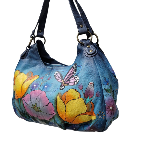 Anuschka Large Butterfly & Flowers Hand Painted Genuine Leather Shoulder Bag - Picture 3 of 14